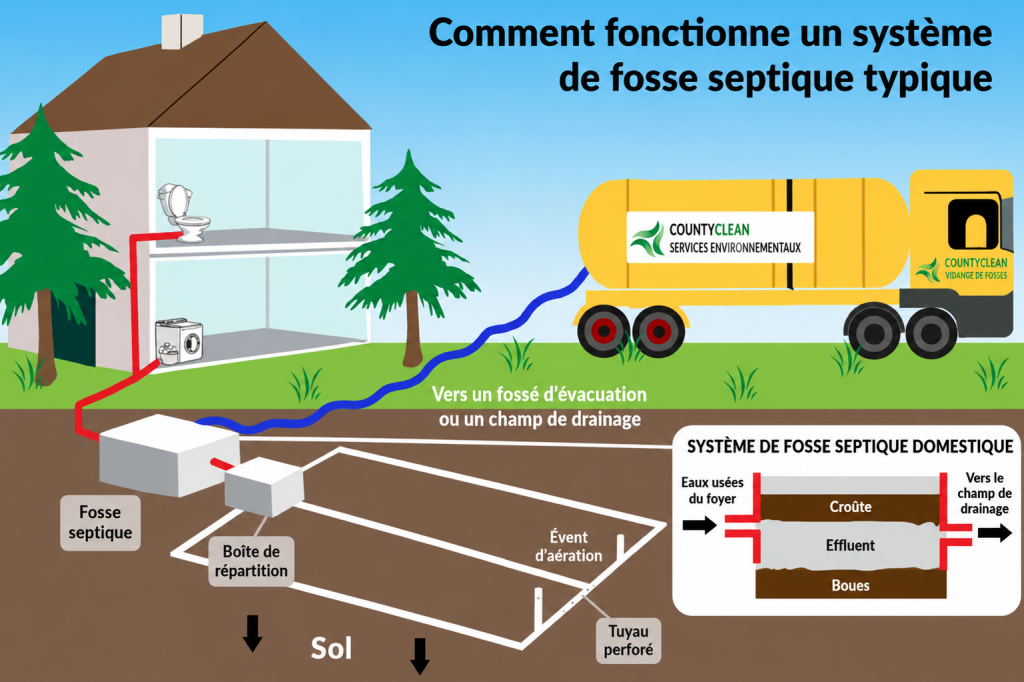 Schéma d'implantation d'une fosse septique et de son drain adapté à un terrain à Douala