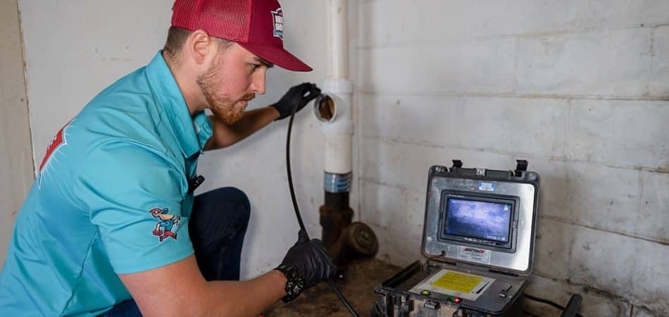 Plombier utilisant une caméra d'inspection de canalisation dans un immeuble à Douala
