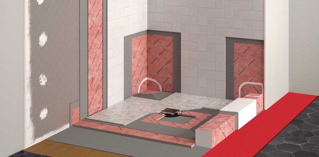 Système d'étanchéité liquide appliqué sous le carrelage d'une zone de douche italienne à Douala
